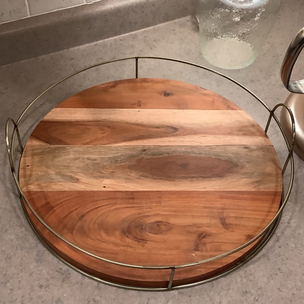 Hearth and Hand with Magnolia Wooden Tray with Brass Rim and Handles